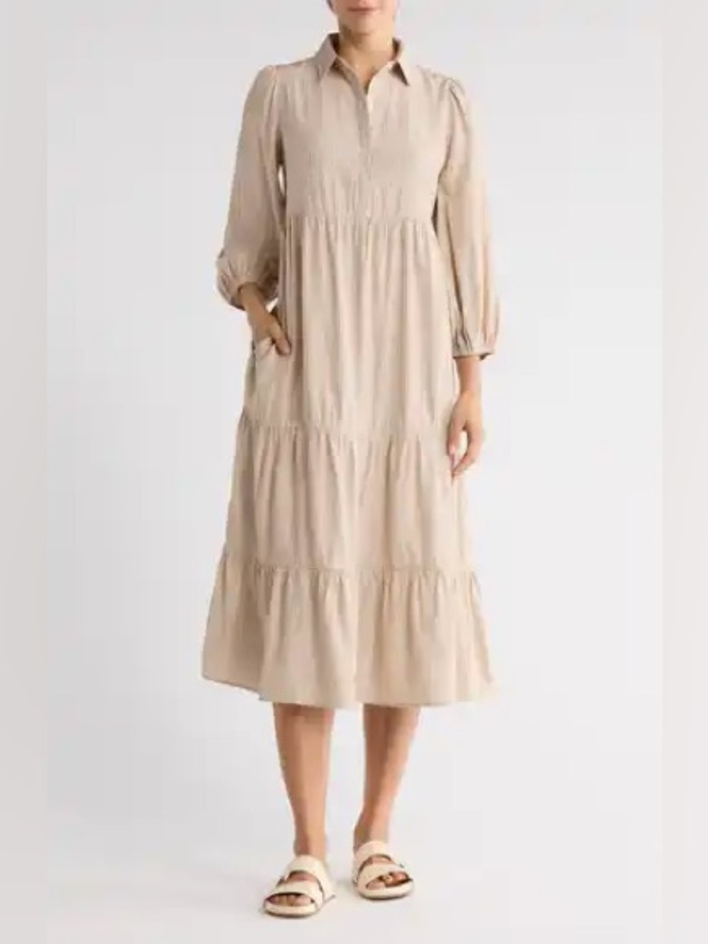 Tahari Beige Tiered Long Sleeve Midi Dress
